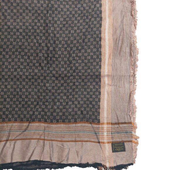Gucci Vintage Brown Dual-Tone Monogram Orange Stripe Reversible Shawl Wrap Scarf - Picture 13 of 16
